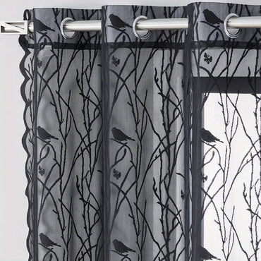 Elegant Black Lace Bird Pattern Sheer Curtains (Grommet Top)