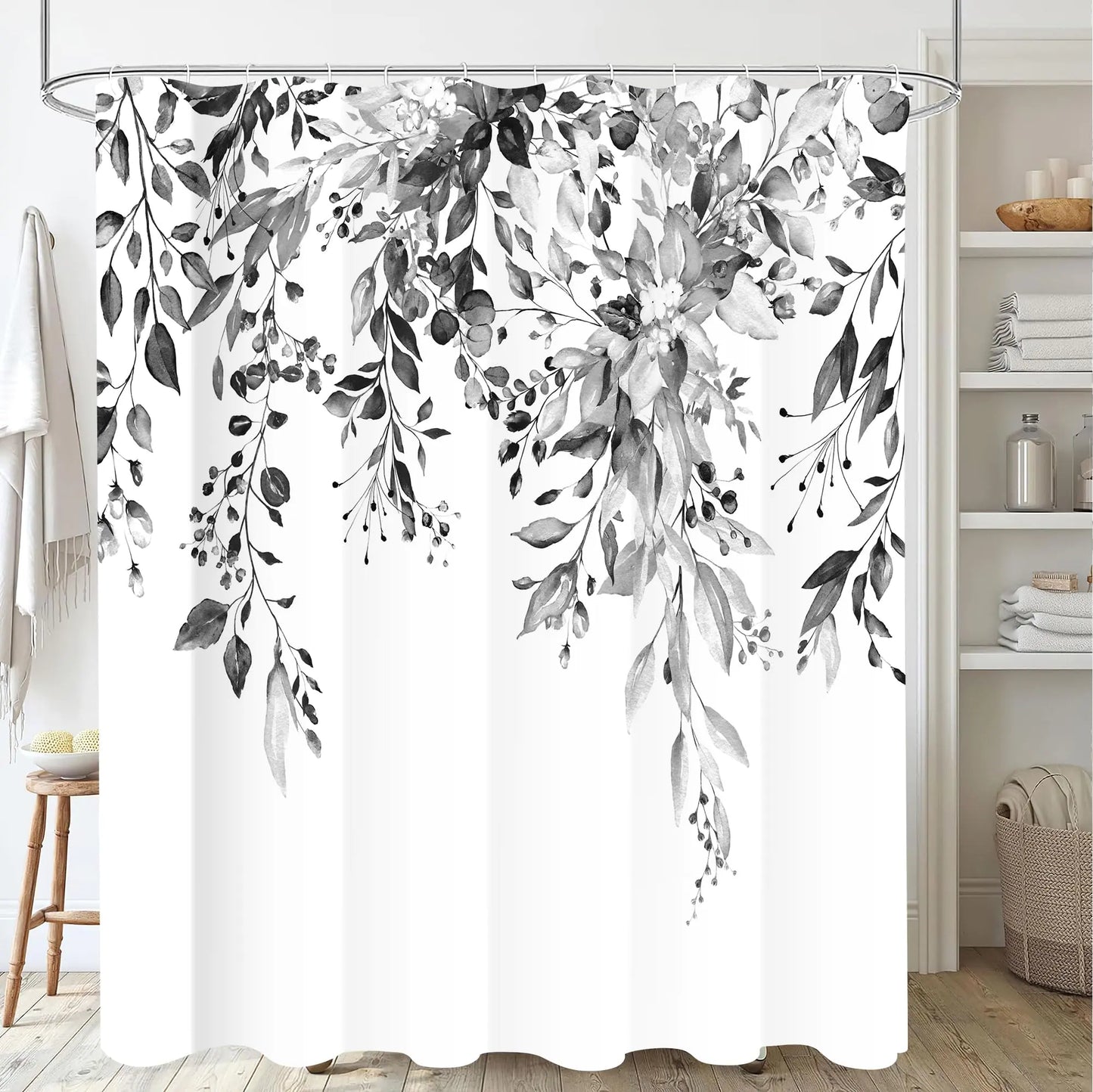 Nuseiis Black White Eucalyptus Leaves Shower Curtains 72x72 Inch Waterproof Fabric Watercolor Floral Stylish Bathroom Shower Curtain with Hooks