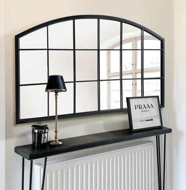 WAMIRRO Black Grid Wall MirrorWide Window Pane Black MirrorFarmhouse Arched Wall MirrorMantel Mirror for Fireplace/Entryway/Hallway/Living Room44“X28”