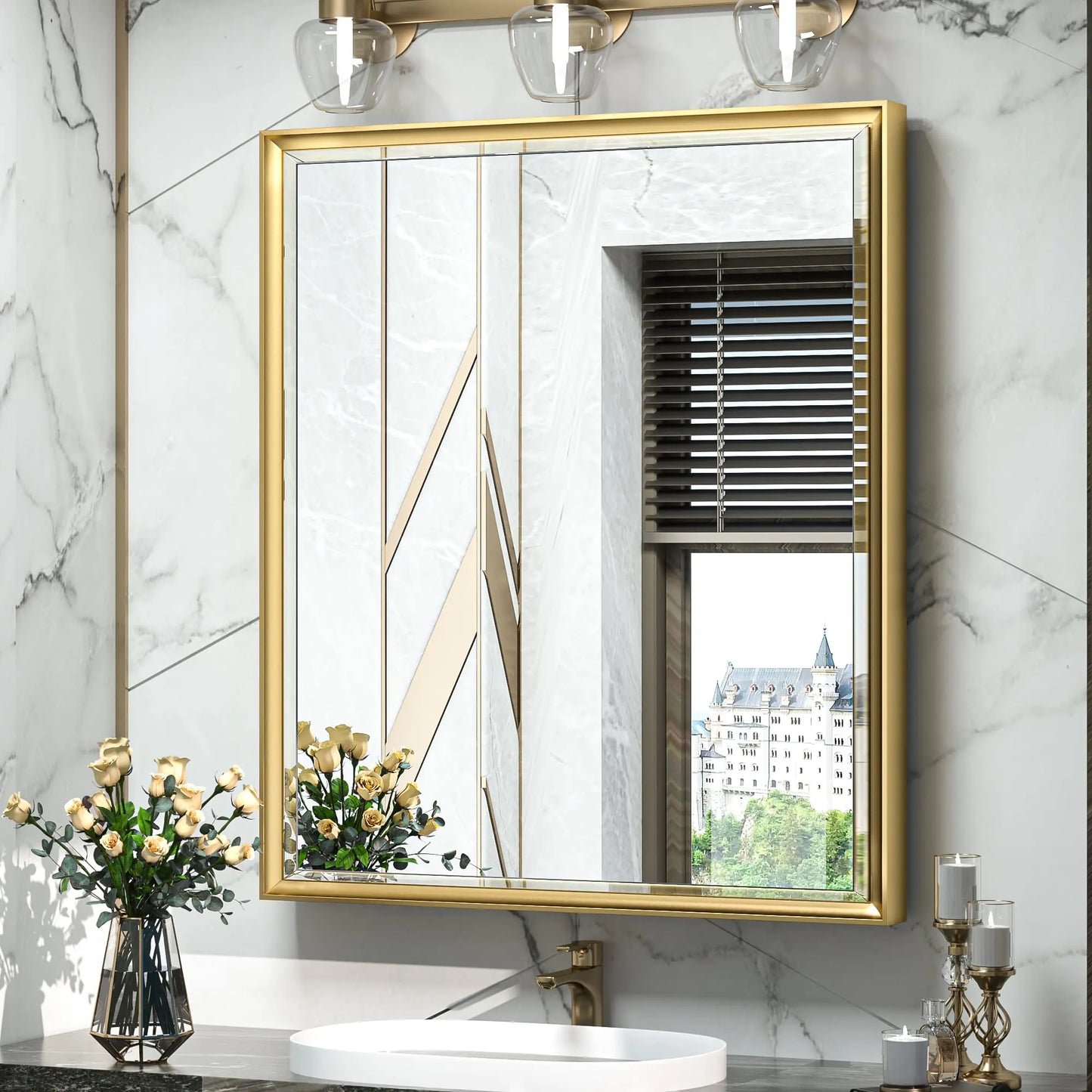 TokeShimi 26x30 Recessed Medicine Cabinet with Mirror Wall Mounted Metal Beveled Mirror with Storage for Bathroom Vanity Aluminum Alloy Medicine Cabinet Mirror Gold 1 Door