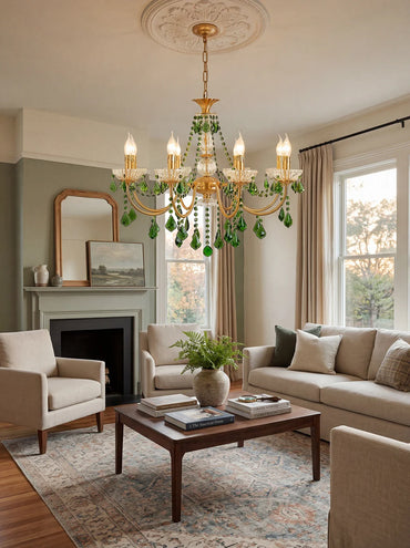 French Vintage Green Crystal Chandelier