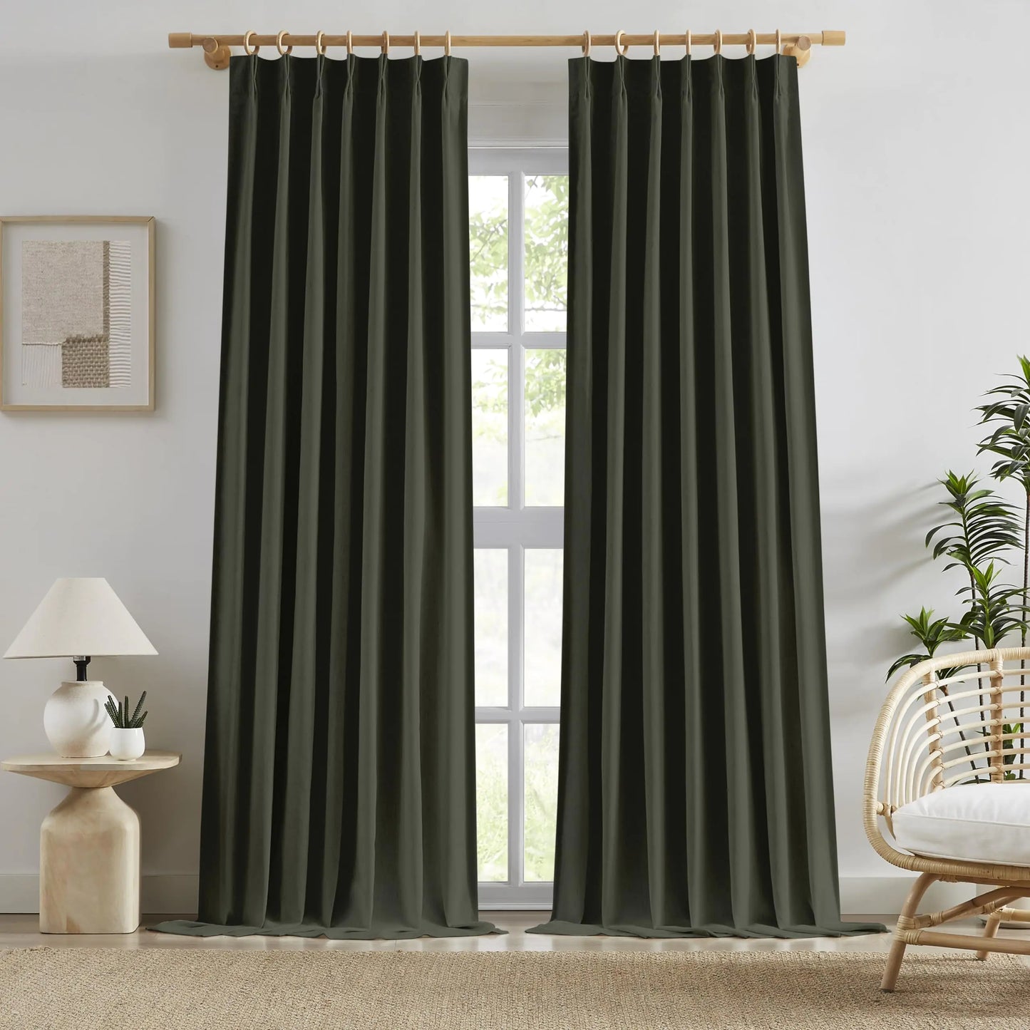 Aipilto Linen Pinch Pleat Full Blackout Curtains&Drapes 104 Inch Long 2 PanelsHeavy Duty Thermal Insulated Curtains for Living Room BedroomBack Tab with Hooks Loden Olive Green 40”Wx104”Lx2