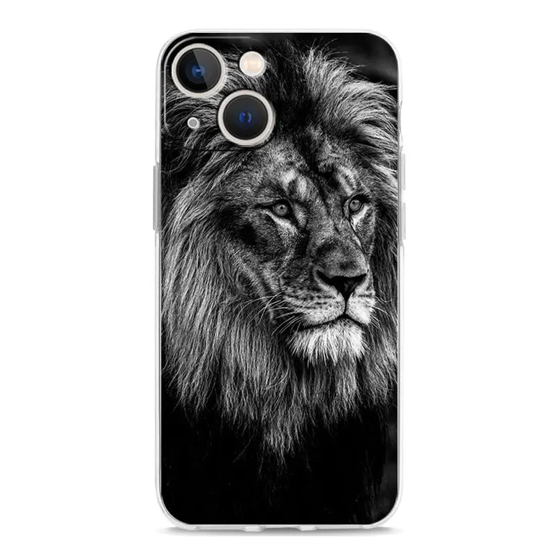 Luxury Transparent Phone Case For iPhone 15 14 13 12 11 Pro Max XS X XR 7 8 Plus Clear Cover Black Cheetah Tiger Lion Animals