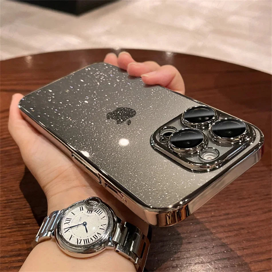 Luxury Bling Glitter Clear Slim Case For iPhone 16 15 14 13 12 Pro Max Shockproof Plating Bumper Desert Gold Transparent Cover