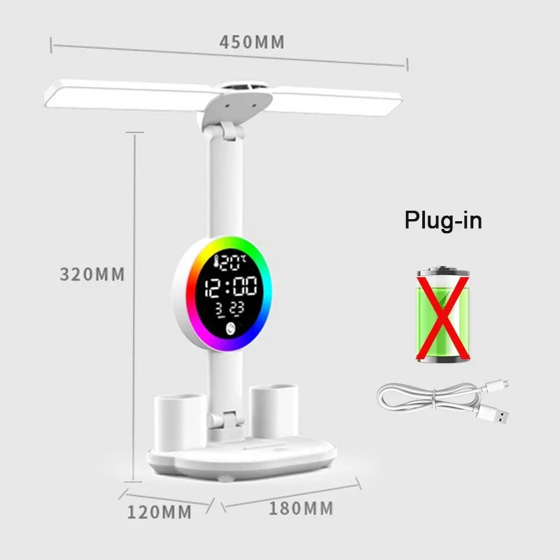 Rechargeable Led Table Lamp for Study Desk Lamp Reading Light Led Night Light with Fan Led Clock Dispaly Reading Desk Light