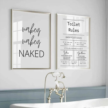 Black and White Modern Funny Nakey Naked Toilet Rules Quote Wall Art Canvas Painting Posters For Bathroom Room Home Decor