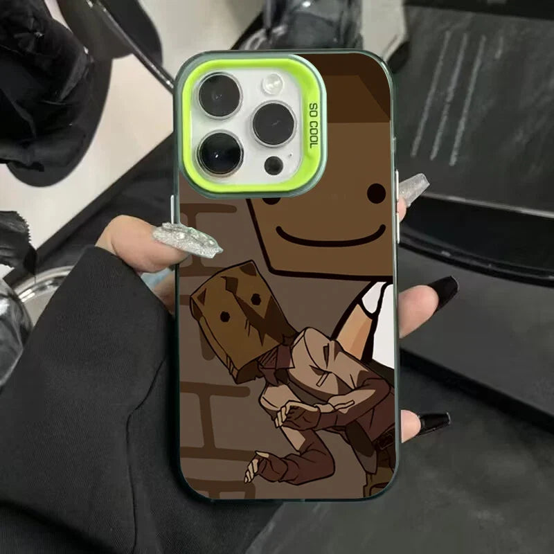 Cartoon Box Man Pattern Plating Phone Case for iPhone 16 15 14 13 12 11 Pro Max 16E XS X XR 7 8 Plus SE2 Shockproof Matte Cover