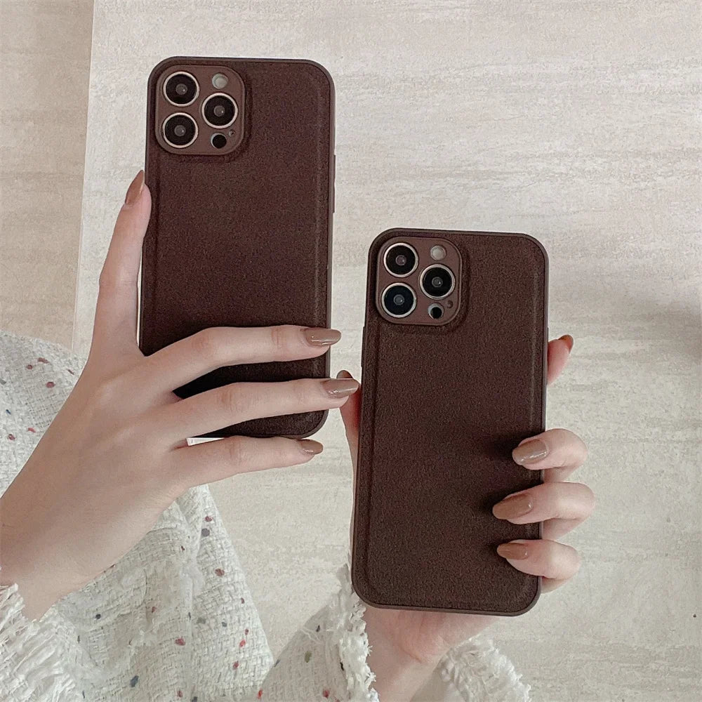 Luxury Solid Color Brown Soft Leather Phone Case For iPhone 15 14 12 13 Pro Max 11 X XS XR 7 8 Plus SE Shockproof Silicone Cover
