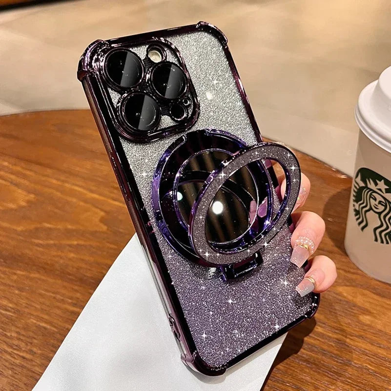 Luxury Magsafe Wireless Charging Glitter Phone Case For iPhone 16 11 12 13 14 15Pro Max Plus Plating Mirror Airbag Bracket Cover