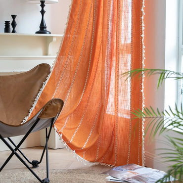 Burnt Orange Boho Curtains 2 Panels Semi Blackout Linen Curtains 96 inches Long Light Filtering Farmhouse Curtains for Living Room Country Bohemian Window Treatments Fall Halloween Decorations Indoor