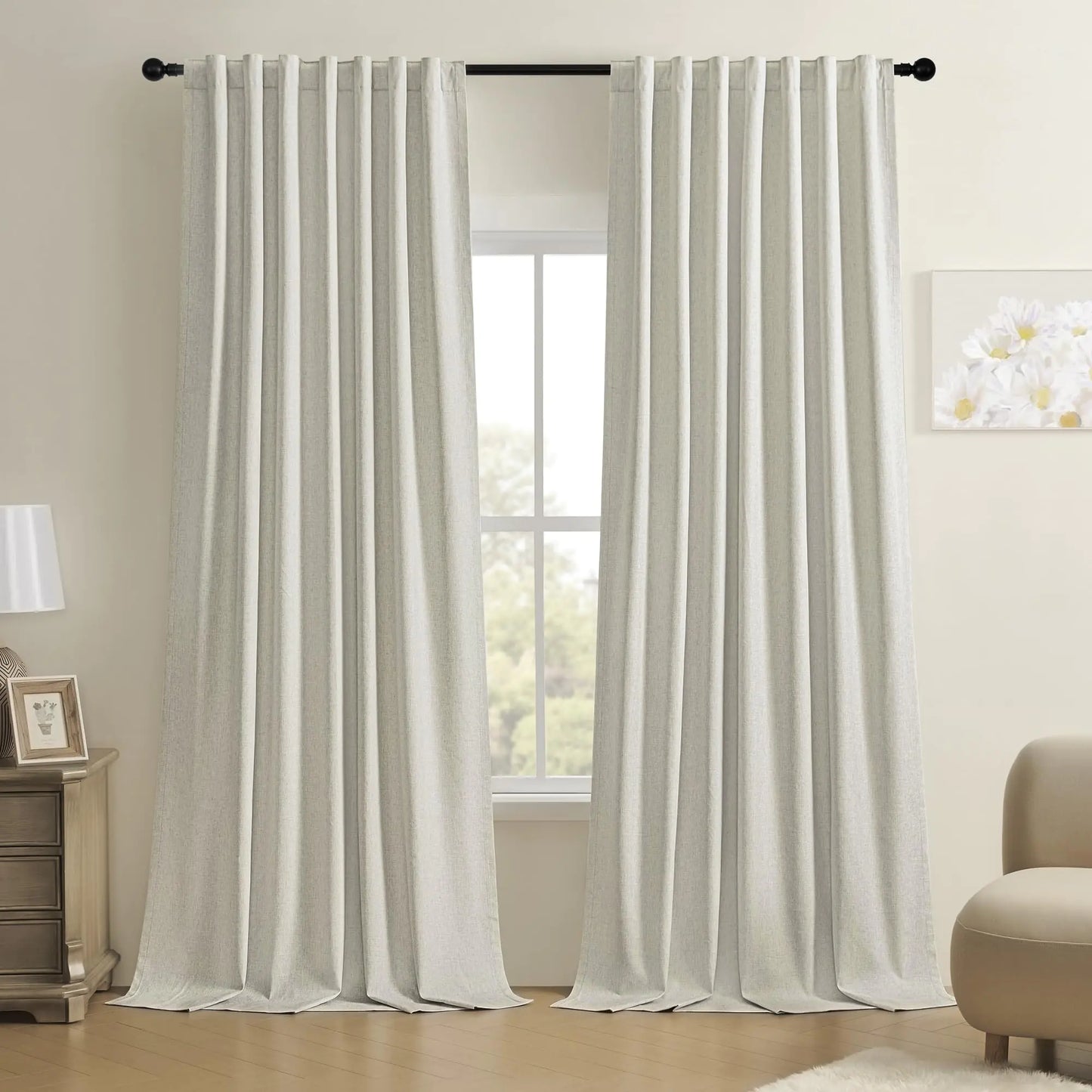 BSfullts Full Blackout Linen Curtains 96 Inch Long Natural Pinch Pleated Back Tab Drapes Room Darkening Noise Reducing Curtains for Bedroom Living Room 2 Panels Set W52 x L96