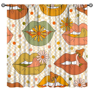 JanJCurt 70s Lips Curtains Colorful Groovy Mushroom Flowers Retro Boho Hippie Vintage Wavy Orange Checkered Print Window Curtains for Girls Bedroom Living Room 42x63in
