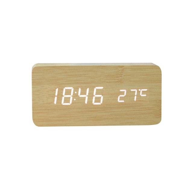 Clocks LED Wooden Alarm Clock Watch Wooden Wood Clock New Version LED Alarm Digital Desk Clock Adjustable Brightness, Alarm Time, Displays Time Date Temperature Table Voice Control Digital Wood Electronic Desktop Table