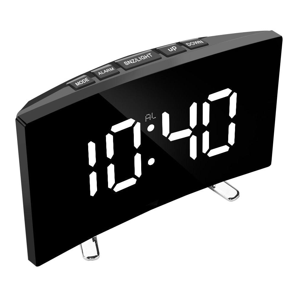 Digital Table Clock Digital Alarm Clock LED Bedside Clock Dual Alarm Adjustable Volume Alarm Clock for Bedroom Electronic 7 Inch Number Desktop Alarm Clocks For Kids Bedroom LED Screen Curved Dimmable Mirror