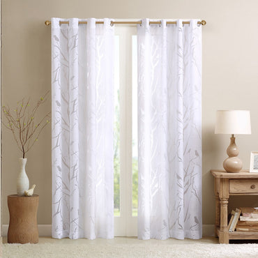 Grommet Top Sheer Bird on Branches Burnout Window Curtain Panel