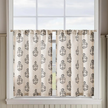 jinchan Linen Kitchen Curtains 24 Inch Floral Tier Curtains Farmhouse Cottage Core Flax Cafe Curtains Rod Pocket Country Small Window Curtains for Laundry Room Bathroom RV 2 Panels Black on Beige
