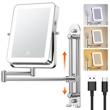 Gospire Height Adjustable Wall Mounted Lighted Makeup Mirror with Hooks 3000mAh Rechargeable 1X/10X Magnifying Mirror Vanity Mirror with 3 Light Colors and Adjustable Brightness for Bathroom