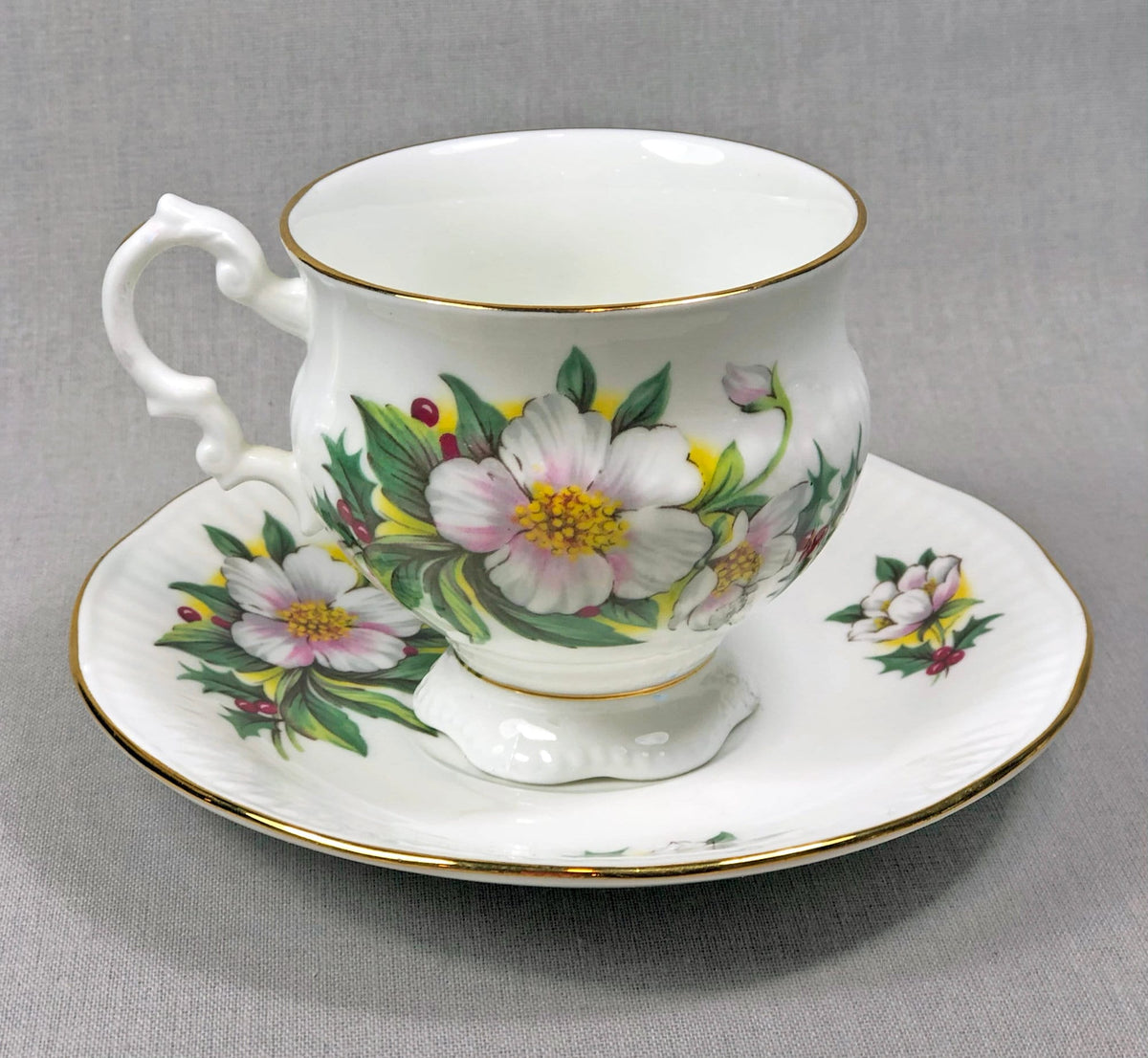 Vintage Tuscan Teacup and Saucer in Black, White and Gold Floral Pattern