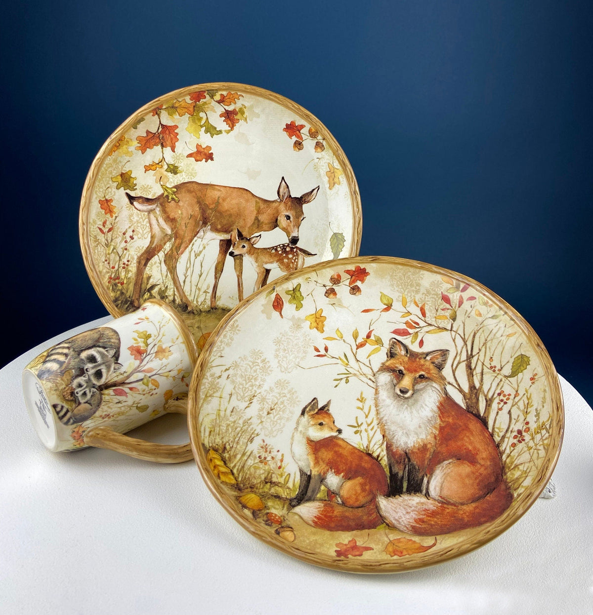 Cute Raccoon Dinner Set for One. Whimsical Plates and Mug. Kid at Heart or Grandparents' Gift for Grandkids. Fall Celebration. Cabin Decor.