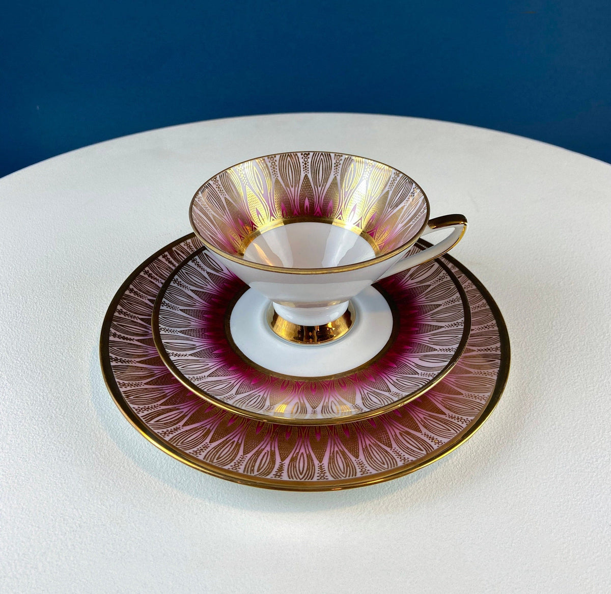 Antique Bavarian Porcelain Tea Set: Gold Geometrical Trio