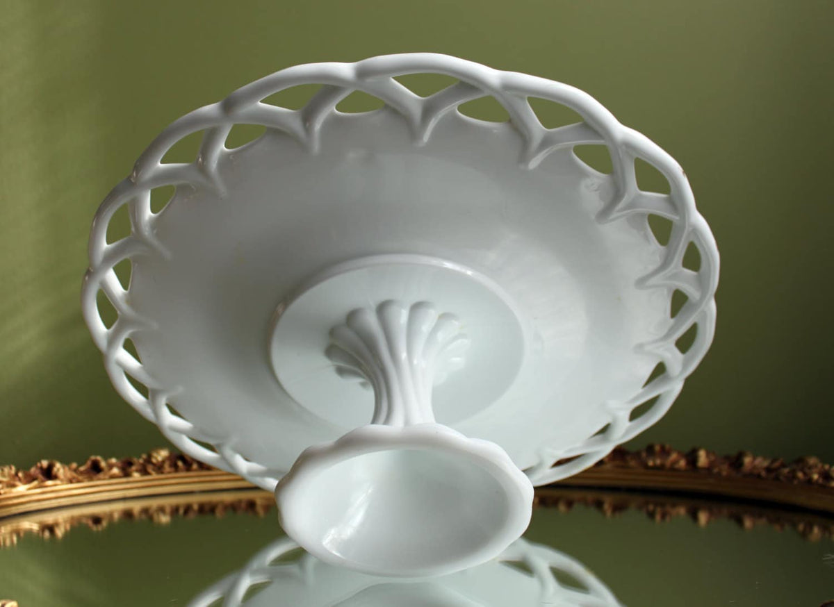 Westmoreland Milk Glass Pedestal Fruit Bowl. Doric Pattern with Lace Edge. 10" in Diameter. Table Centerpiece.