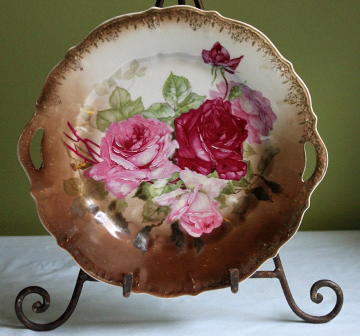 Antique Hand Painted Serving Plate with Gold Lattice. Porcelain Platter with Wild Flowers Motif.