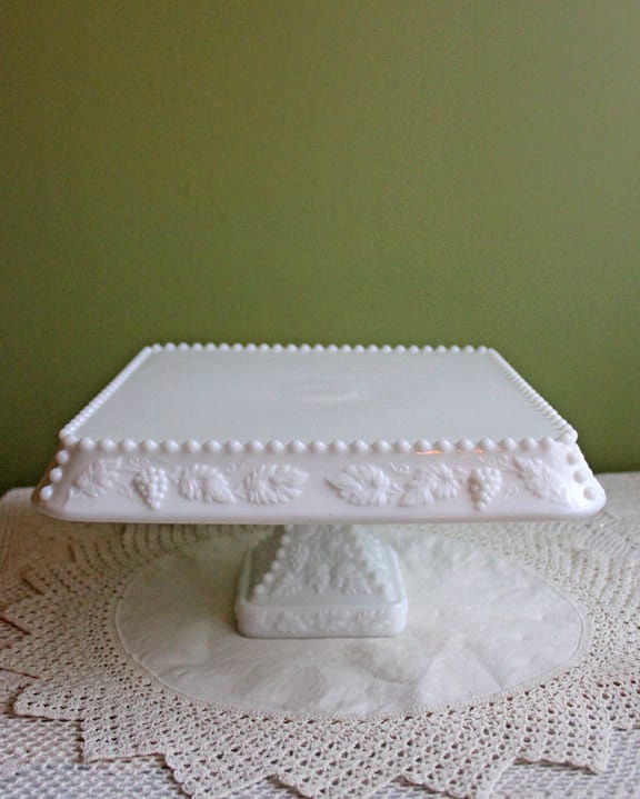 Vintage Thumb Print Milk Glass Cake Stand. White 12" Cake Serving Platter with Ruffled Edge. Wedding Birthday Holiday Celebration.