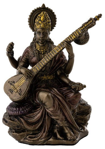 Top Collection Mini Saraswati Statue - Hindu Goddess of Knowledge Music Arts and Wisdom Sculpture in Premium Cold Cast Bronze - 3-Inch Collectible Figurine (Sm. Saraswati)
