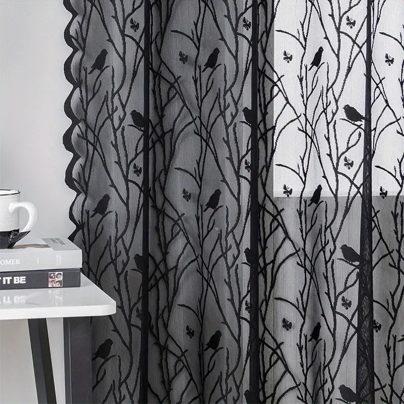 Elegant Black Lace Bird Pattern Sheer Curtains (Grommet Top)