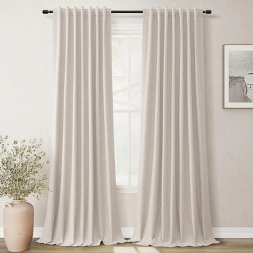 BOODII 108 Inch Black Out Curtains 2 Panels Set Back Tab Thermal Insulated Natural Linen Textured Blackout Curtains Noise Reducing Cream Sand Beige Neutral Living Room Darkening Window Drapes 52x108