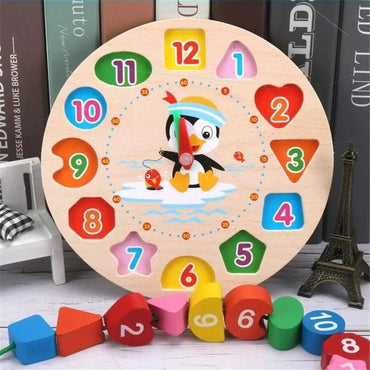 Montessori Cartoon Animal Educational Wooden Beaded Geometry Digital Clock Puzzles Matching Clock Toy For Children