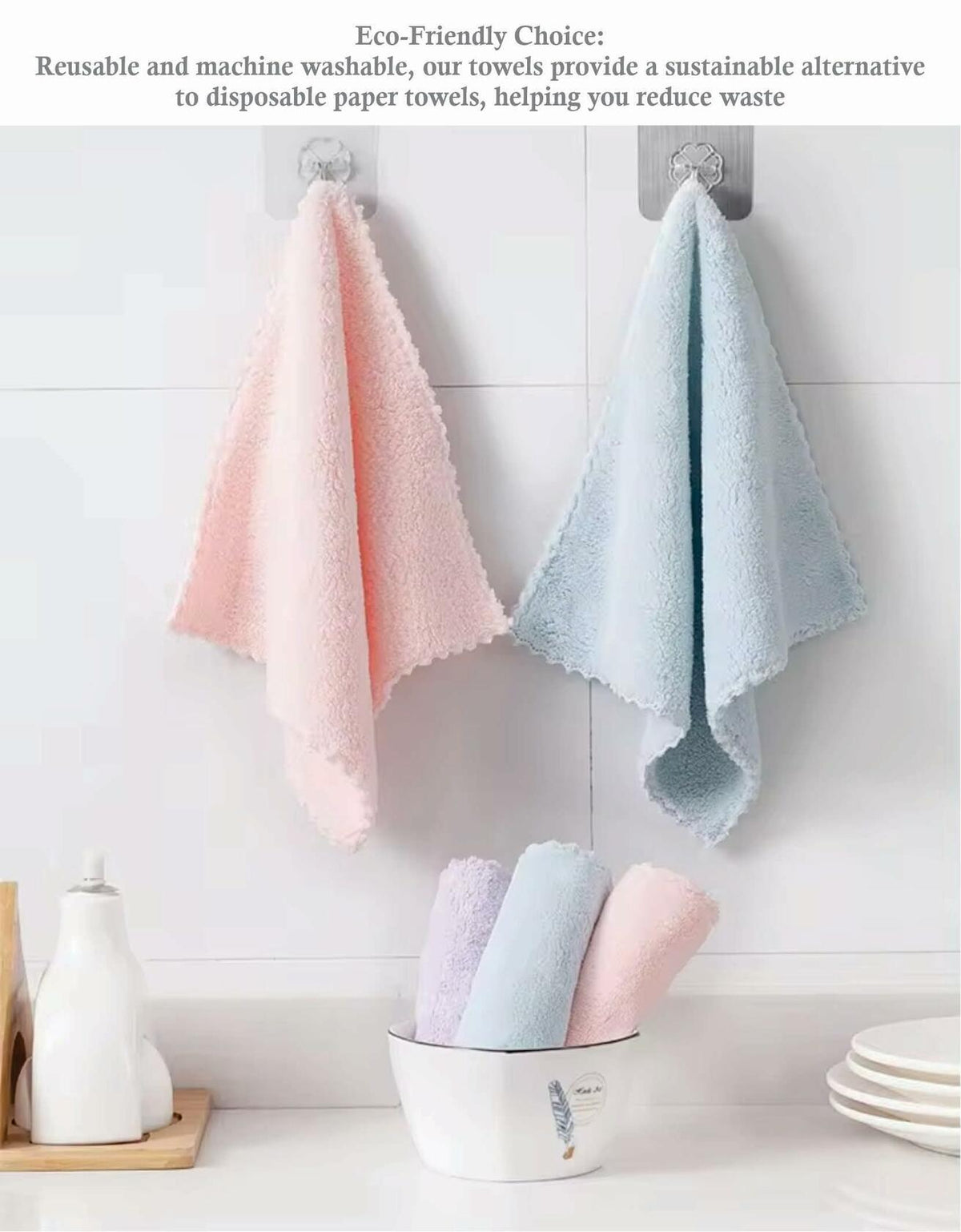 Set of 5 Coral Fleece Turkish Kitchen Cleaning Cloths 10x10in Blue