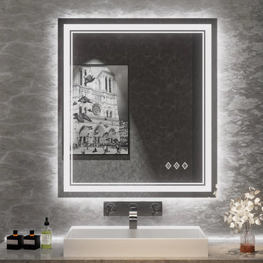 VanPokins Bathroom Mirror 32x36 Inch Gradient Front and Backlit LED Mirror for Bathroom 3 Colors Dimmable CRI>90 Double Lights IP54 Enhanced Anti-Fog Hanging Plates Wall Mount LED Mirror