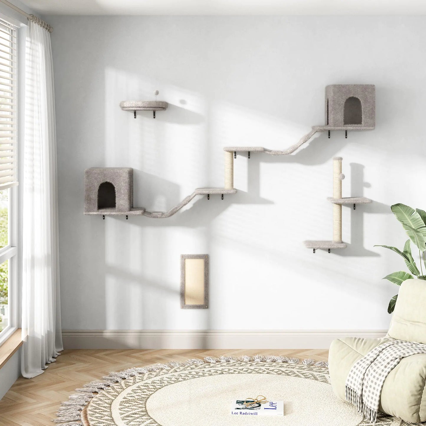 COZIWOW 8-in-1 Cat Wall Furniture Set – Wall Mounted Cat Climbing Wall Shelves with Tree Perch Scratching Post and Bridge for Large Cats (Gray)