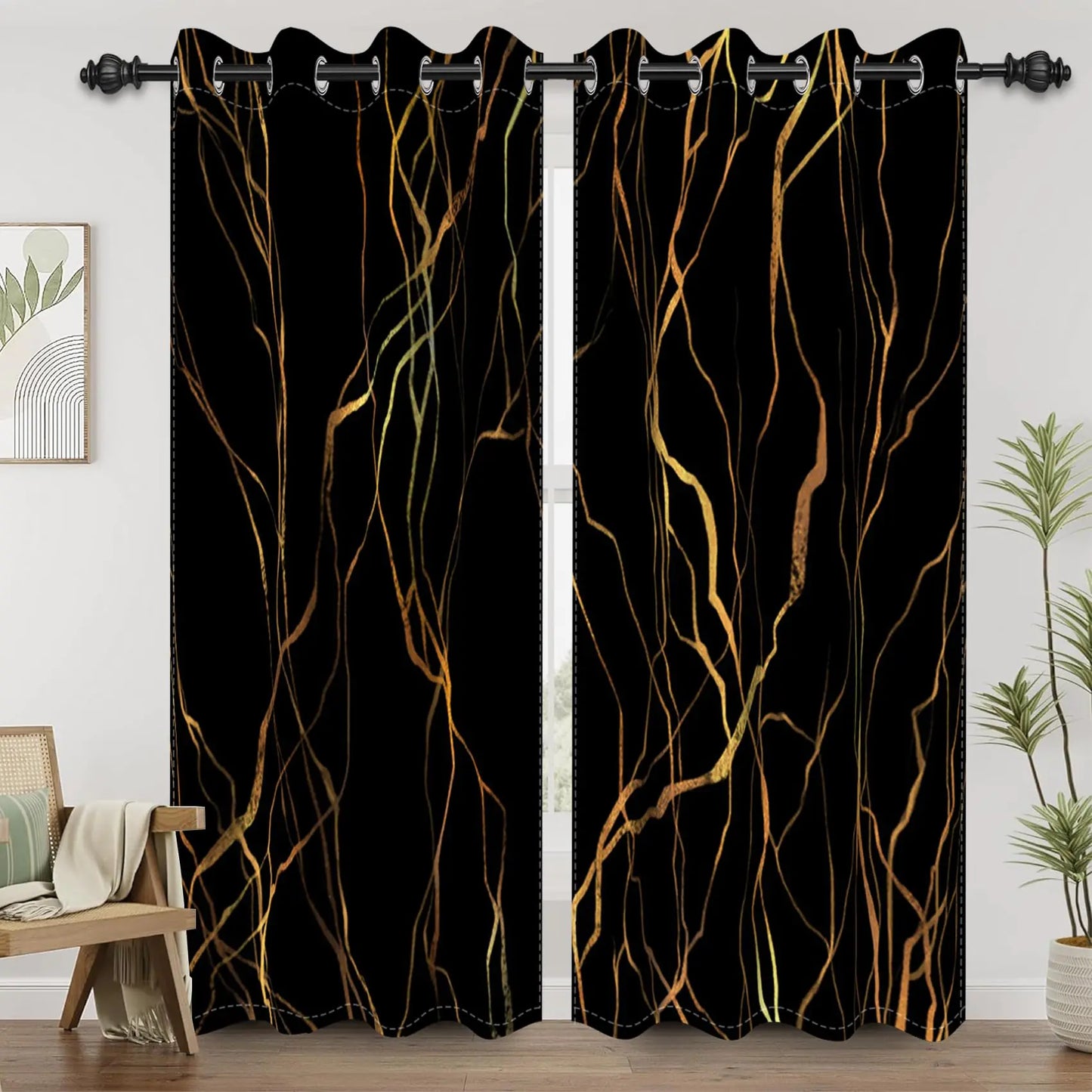 Renaiss Black Gold Marble Blackout Curtains for Bedroom Modern Abstract Texture Window Curtain Luxury Crack Lines Window Drapes for Living Room Decor Darkening Curtains 2 Panels Set 53x63 Inch