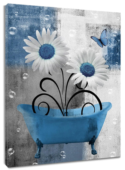 HVEST Farmhouse Floral Wall Art for Living Room Blue Flower and Butterfly in Bathtub Canvas Wall Art Modern Grey and White Geometric Framed Wall Art for Bathroom Bedroom Wall Decor 24L X 16W inches
