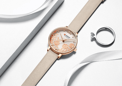 Womens Elegant Waterproof Clock With Decoupage Flower Details In Variant With Leather And Stainless Steel Knitted Belts