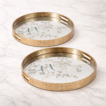Bird and Floral Etched Mirror Tray (Set of 2)