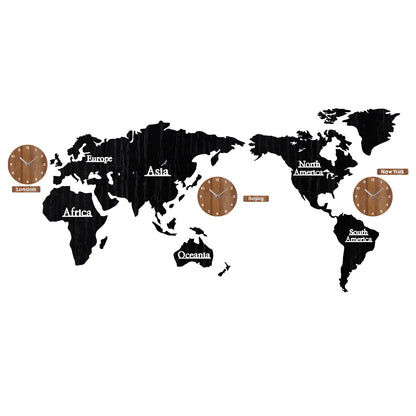 European Wooden Creative Wall Clock with 3D World Map