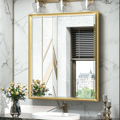TokeShimi 26x30 Recessed Medicine Cabinet with Mirror Wall Mounted Metal Beveled Mirror with Storage for Bathroom Vanity Aluminum Alloy Medicine Cabinet Mirror Gold 1 Door