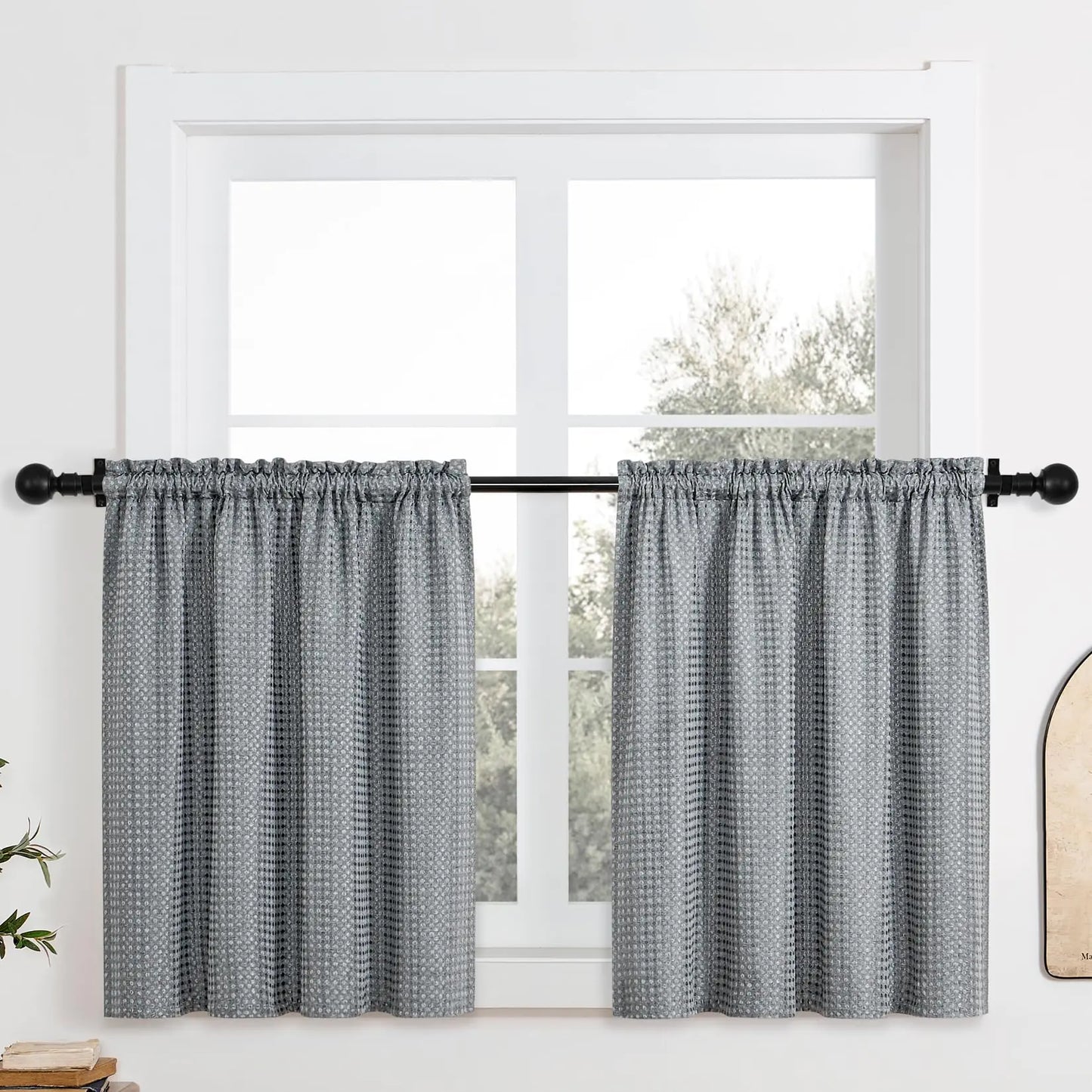 Home Queen Water Resistant Bathroom Window Curtains Waffle Textured Half Tier Curtains for Kitchen 36 W X 24 L Inches Charcoal