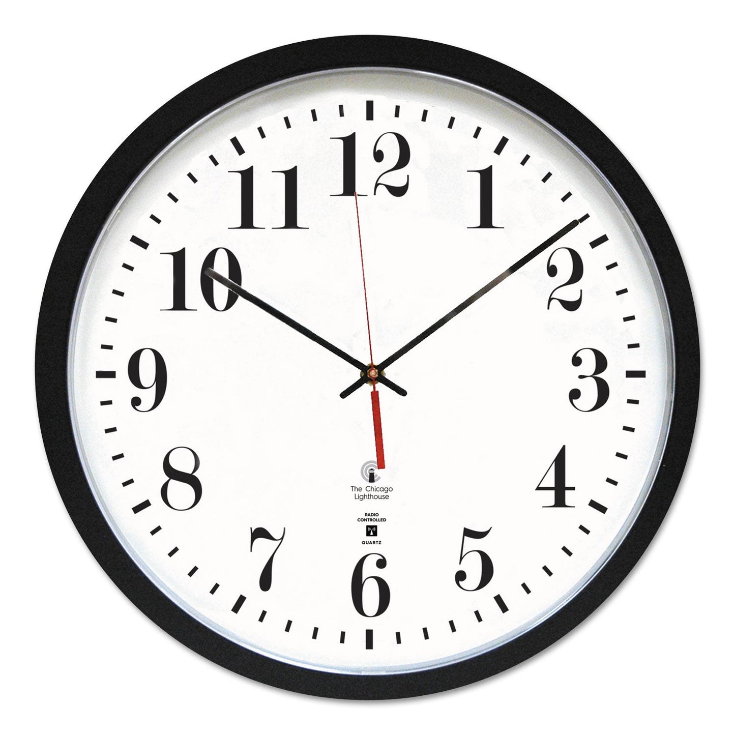 Chicago Lighthouse Black ATOMIC Contemporary Clock, 16.5" Overall Diameter, Black Case, 1 AA (sold separately)