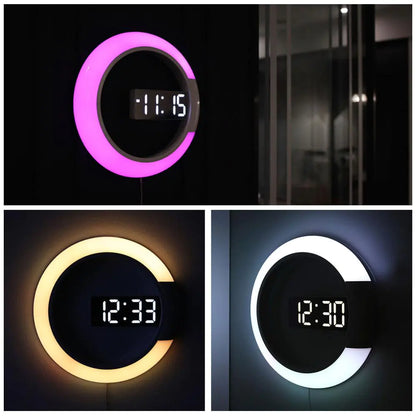 New LED Mirror Hollow Wall Clock with Alarm and 7 Colors
