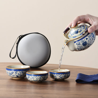 Blue and white beige Ru kiln travel tea set one pot three cups outdoor portable entwined lotus ceramic retro teapot