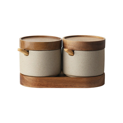 Ceramic Kitchen Seasoning Pots with Acacia Wood Tray