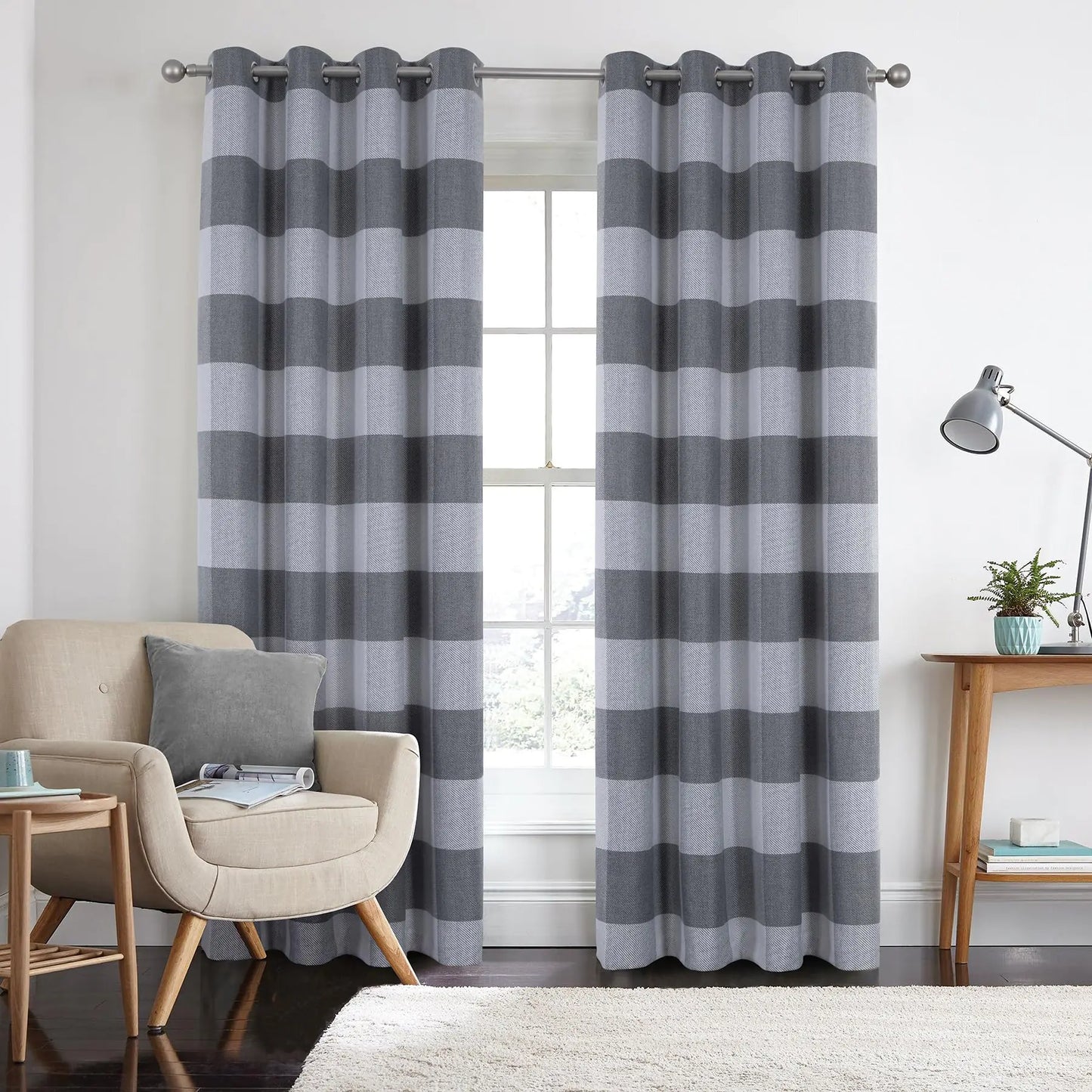always4u Light Grey Check Curtains Plaid Farmhouse Window Curtains Grommet Drapes for Living Room Bedroom 2 Panels 54 * 63 Inches