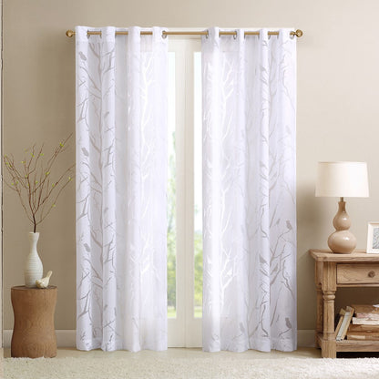 Grommet Top Sheer Bird on Branches Burnout Window Curtain