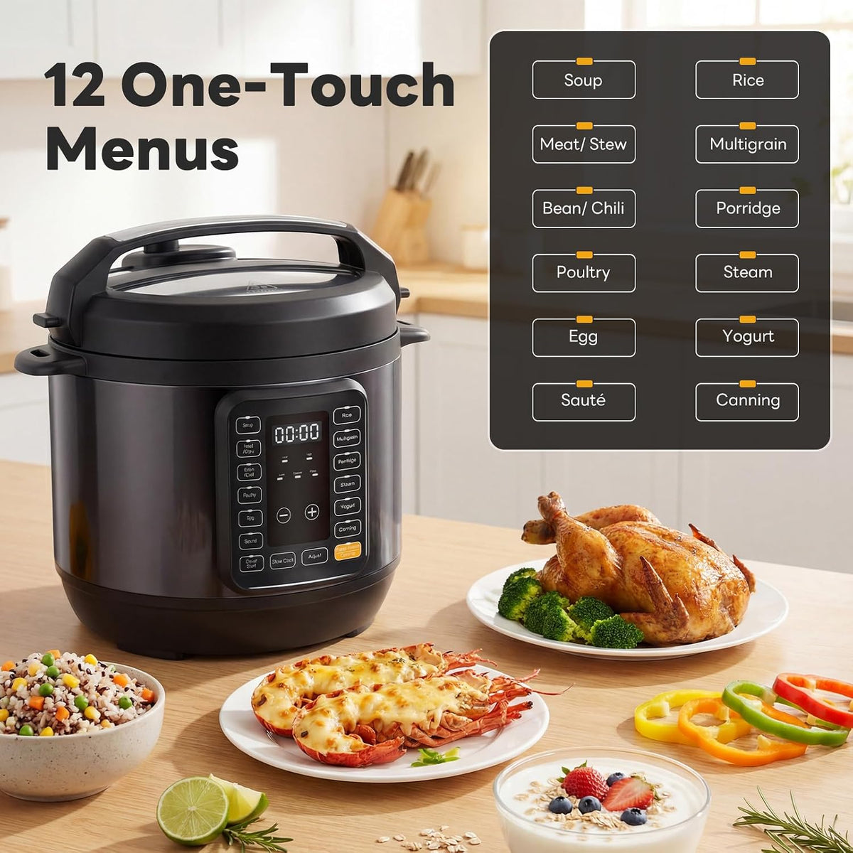 16-in-1 Electric Pressure Cooker, 6QT Programmable Multi Cooker with 12 One-Touch Presets, Soup Steam Yogurt and More, Ceramic Inner Pot Delay Start & Keep Warm, Includes Recipe Guide, Black