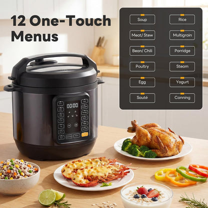 16-in-1 Electric Pressure Cooker, 6QT Programmable Multi Cooker with 12 One-Touch Presets, Soup Steam Yogurt and More, Ceramic Inner Pot Delay Start & Keep Warm, Includes Recipe Guide, Black