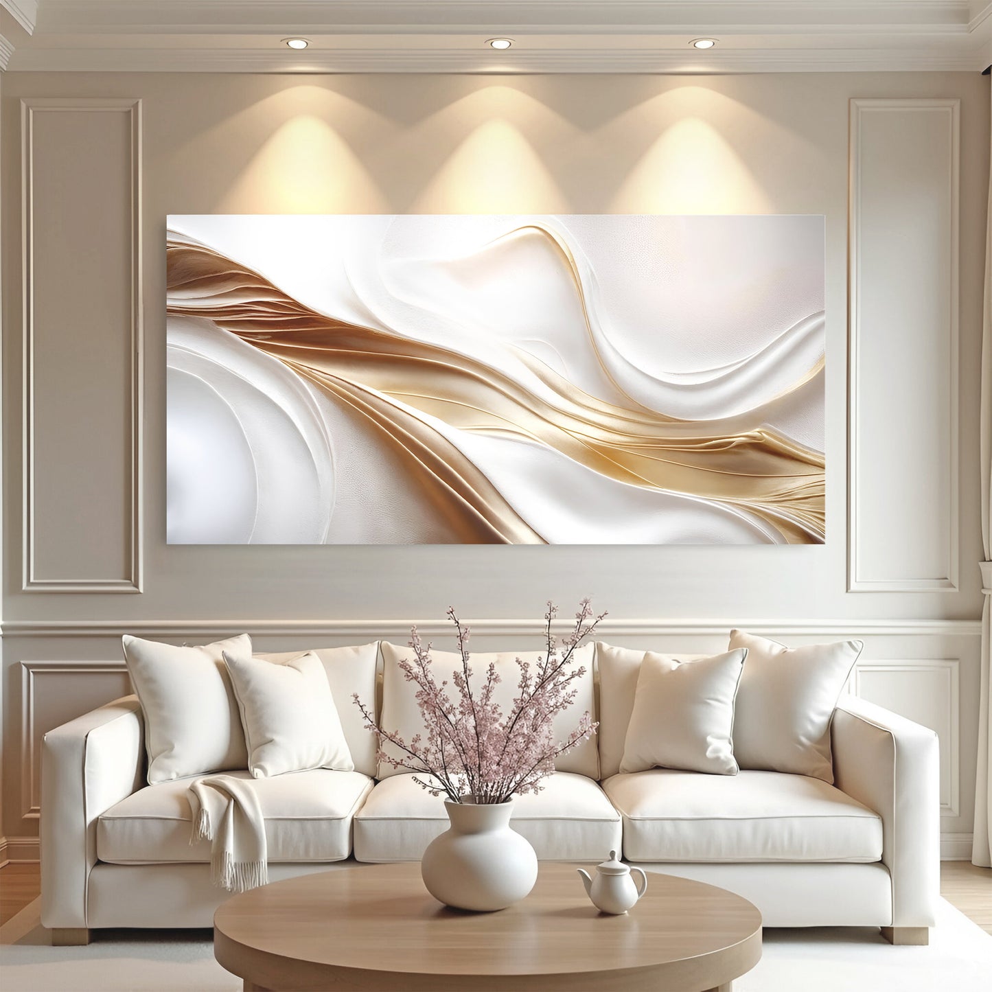 Golden Linework on White Wall Art